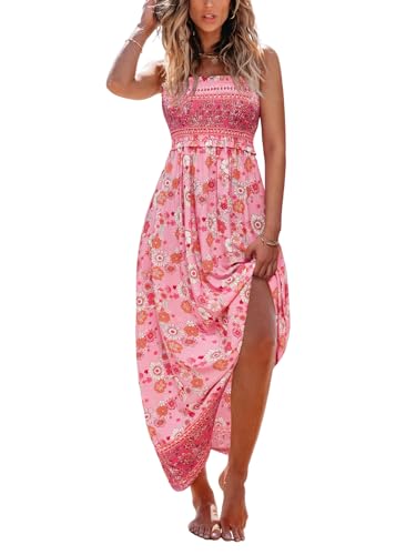 CUPSHE Damen Sommerkleid Blumenmuster Gesmokt Ärmellos Maxikleid Rüschen Spaghettiträger Lang Freizeitkleider Maxi Dress Rosa Blumen M von CUPSHE