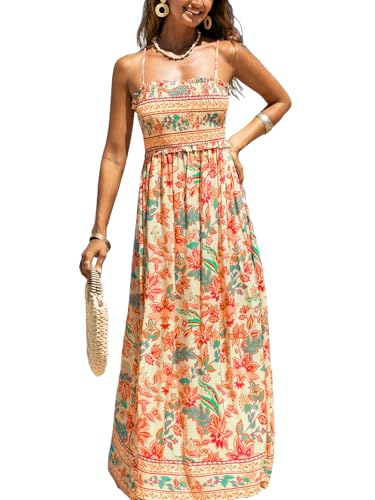 CUPSHE Damen Sommerkleid Blumenmuster Gesmokt Ärmellos Maxikleid Rüschen Spaghettiträger Lang Freizeitkleider Maxi Dress von CUPSHE