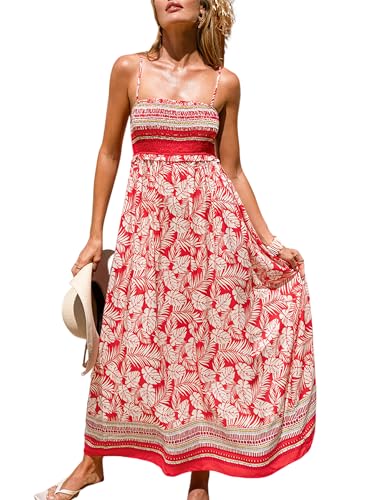 CUPSHE Damen Sommerkleid Blumenmuster Gesmokt Ärmellos Maxikleid Rüschen Spaghettiträger Lang Freizeitkleider Maxi Dress von CUPSHE