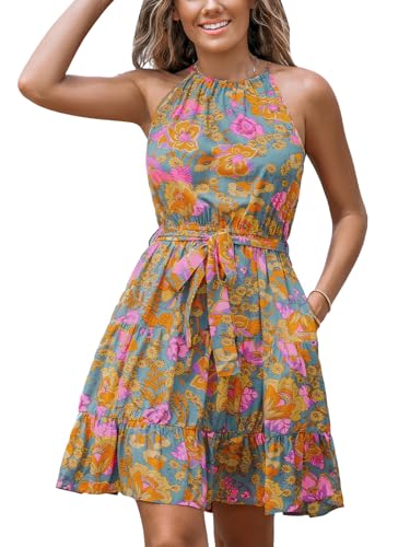CUPSHE Damen Sommerkleid Blumenmuster Neckholder Ärmellos Minikleid mit Gürtel Boho A Linie Freizeitkleider Mini Dress Orange Floral M von CUPSHE
