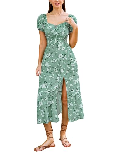 CUPSHE Damen Sommerkleid Blumenmuster Rüschen Lace Up Kleid Puffärmel Gesmokt Freizeitkleider Seitenschlitz Sommer Midi Dress Grasgrün XL von CUPSHE