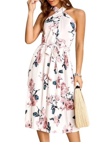 CUPSHE Damen Sommerkleid Blumenmuster Überkreuzter Neckholder Ärmellos Strandkleid Plissee A-Linie Freizeitkleider Midi Dress Weiß/Rosa M von CUPSHE