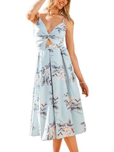 CUPSHE Damen Sommerkleid Blumenmuster V-Ausschnitt Ärmellos Kleider Rückenkrawatte Cutout Freizeitkleid Strand Midi Dress Hellblau M von CUPSHE