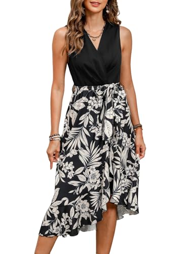 CUPSHE Damen Sommerkleid Blumenmuster V-Ausschnitt Ärmellos Wickelkleid Asymmetrischer Saum Freizeitkleider Mini Dress Schwarz M von CUPSHE