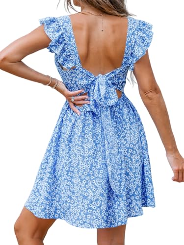 CUPSHE Damen Sommerkleid Blumenmuster V-Ausschnitt Flatterärmel Strandkleid Rückenfrei Kurz A-Linie Freizeitkleider Mini Dress Blau L CUPSHE Damen Sommerkleid Blumenmuster V-Ausschnitt Flatterärmel Strandkleid Rückenfrei Kurz A-Linie Freizeitkleider Mini Dress Blau L von CUPSHE