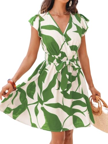 CUPSHE Damen Sommerkleid Blumenmuster Wickelkleid V-Ausschnitt Kurzarm Kleider Gesmokt Taille Rüschen Freizeitkleider Strand Mini Dress von CUPSHE