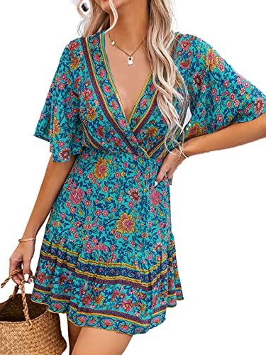 CUPSHE Damen Sommerkleid Boho A-Linie Minikleid V Ausschnitt Kurzarm Blumen Freizeitkleider Tunika Mini Dress Blau L von CUPSHE