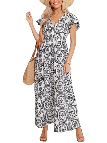 CUPSHE Damen Sommerkleid Boho V-Ausschnitt Flatterärmel Kleider Paisley Seitenschlitz Freizeitkleider Strand Maxi Dress Schwarz/Weiß M von CUPSHE