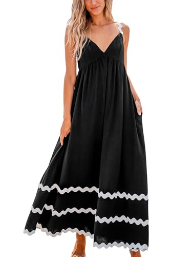CUPSHE Damen Sommerkleid Colorblock V-Ausschnitt Ärmellos Maxikleid Rüschensaum Lang Freizeitkleider Cami Dress mit Taschen Schwarz XL von CUPSHE