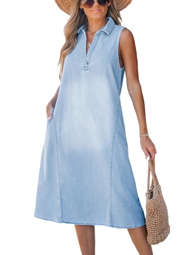 CUPSHE Damen Sommerkleid Denim V-Ausschnitt Ärmellos Midikleid mit Kragen A-Linie Elegant Freizeitkleider Midi Dress Blau S von CUPSHE