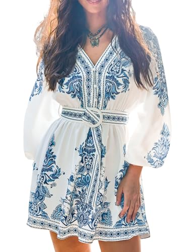 CUPSHE Damen Sommerkleid Ethno V-Ausschnitt Laternenärmel Strandkleid mit Gürtel A-Linie Elegant Freizeitkleider Mini Dress Blau/Weiß L von CUPSHE