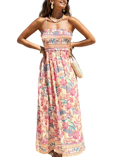 CUPSHE Damen Sommerkleid Gesmokt Ärmellos Maxikleid Rüschen Spaghettiträger Lang Freizeitkleider Maxi Dress von CUPSHE