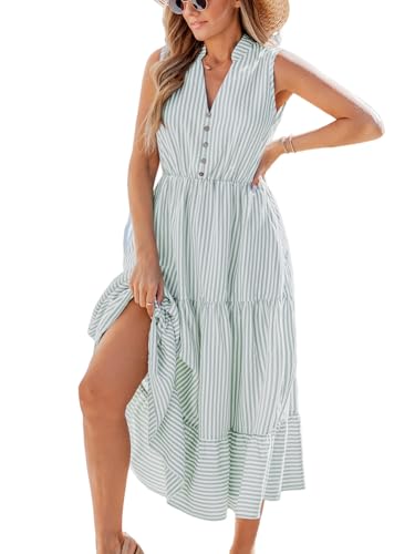 CUPSHE Damen Sommerkleid Gestreift V-Ausschnitt Ärmellos Kleider Knopfleiste Rüschen Freizeitkleid Strand A-Linie Maxi Dress von CUPSHE