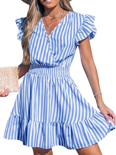 CUPSHE Damen Sommerkleid Gestreift V-Ausschnitt Flugärmel Kleider Gesmokt Rüschen Freizeitkleider Strand Mini Dress Blau Gestreift L von CUPSHE