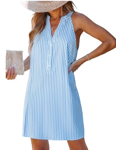 CUPSHE Damen Sommerkleid Gestreift V-Ausschnitt Knopf Kleider Ärmellos Freizeitkleider Strand Mini Dress Blau L von CUPSHE