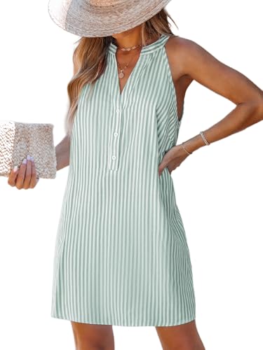 CUPSHE Damen Sommerkleid Gestreift V-Ausschnitt Knopf Kleider Ärmellos Freizeitkleider Strand Mini Dress Grün XL von CUPSHE