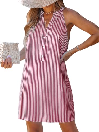 CUPSHE Damen Sommerkleid Gestreift V-Ausschnitt Knopf Kleider Ärmellos Freizeitkleider Strand Mini Dress Rot M CUPSHE Damen Sommerkleid Gestreift V-Ausschnitt Knopf Kleider Ärmellos Freizeitkleider Strand Mini Dress Rot M von CUPSHE