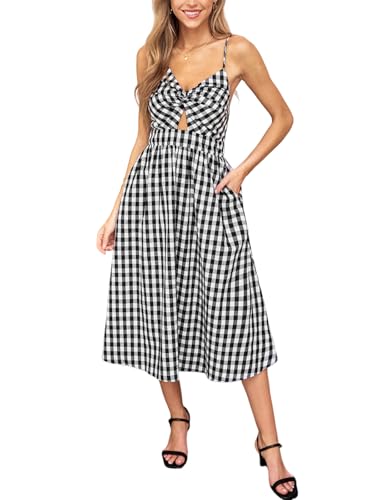 CUPSHE Damen Sommerkleid Kariert Ärmellos Gesmokt Kleider V-Ausschnitt Cutout Hosenträger Freizeitkleider Strand Midi Dress Schwarz Weiß Plaid L von CUPSHE