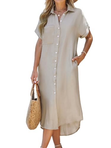 CUPSHE Damen Sommerkleid Knöpfen Kurzarm Seitenschlitz Blusenkleid Freizeitkleider Bikini Cover Up Casual Midi Shirt Dress Beige S von CUPSHE