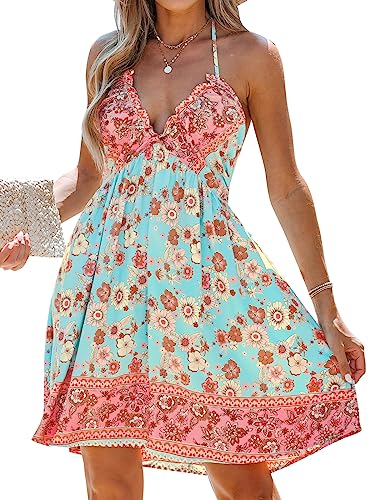CUPSHE Damen Sommerkleid Neckholder V Ausschnitt Blumenmuster Strandkleid Freizeitkleider Beach Smocked Boho Mini Dress Grüne Blumen XL CUPSHE Damen Sommerkleid Neckholder V Ausschnitt Blumenmuster Strandkleid Freizeitkleider Beach Smocked Boho Mini Dress Grüne Blumen XL von CUPSHE