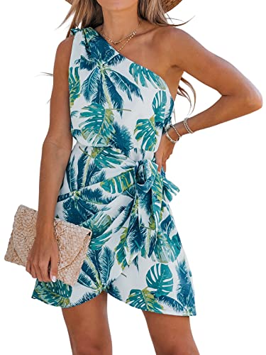 CUPSHE Damen Sommerkleid One Shoulder Tropical Print Schulterfreies Strandkleid Asymmetrische Freizeitkleider Boho Beach Mini Dress L von CUPSHE