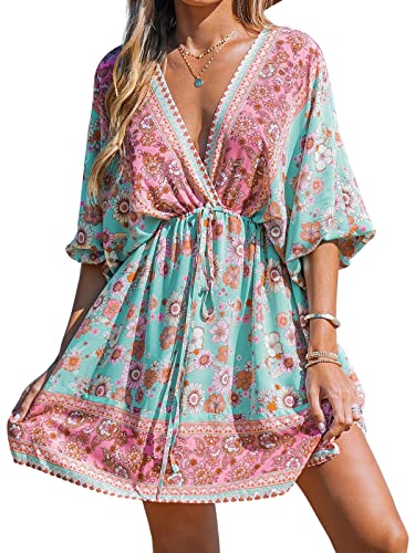 CUPSHE Damen Sommerkleid Paisley V-Ausschnitt 3/4 Laternenärmel Kimono Strandkleider A-Linie Elegant Freizeitkleider Midi Dress Blau L von CUPSHE