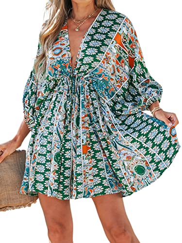 CUPSHE Damen Sommerkleid Paisley V-Ausschnitt 3/4 Laternenärmel Kimono Strandkleider A-Linie Elegant Freizeitkleider Midi Dress Grün M von CUPSHE