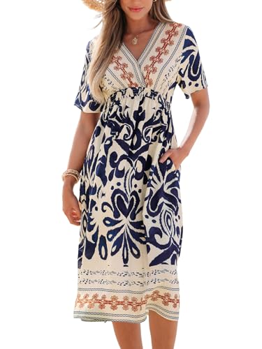 CUPSHE Damen Sommerkleid Paisley V-Ausschnitt Freizeitkleider Kurzarm Gesmokt Taille Strandkleid A Linie Midi Dress von CUPSHE