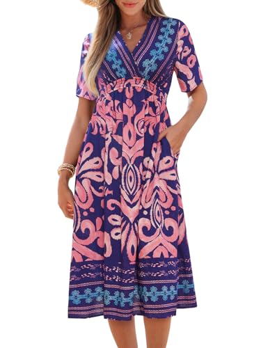 CUPSHE Damen Sommerkleid Paisley V-Ausschnitt Freizeitkleider Kurzarm Gesmokt Taille Strandkleid A Linie Midi Dress von CUPSHE