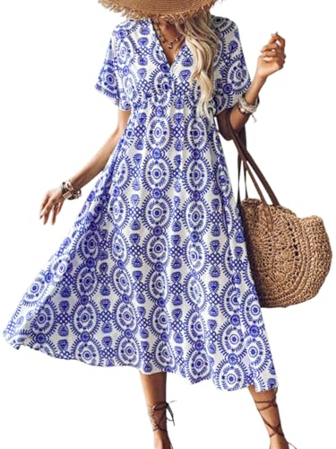 CUPSHE Damen Sommerkleid Paisley V-Ausschnitt Kurzarm Freizeitkleider Lang Boho Rüschen A-Linie Elegant Midi Dress Blau L von CUPSHE