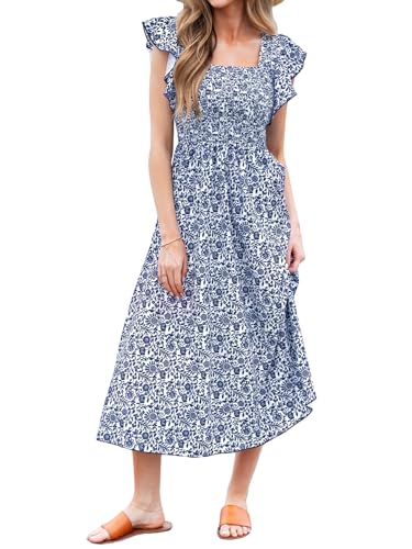 CUPSHE Damen Sommerkleid Quadratischer Ausschnitt Flatterärmel Blumenmuster A Linie Gesmoktes Strandkleid Freizeitkleider Milkmaid Dress Blaues Blumenmuster XL von CUPSHE