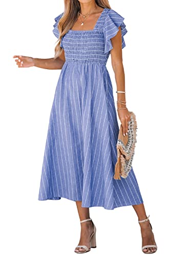 CUPSHE Damen Sommerkleid Quadratischer Ausschnitt Volantärmel Nadelstreifen A Linie Gesmoktes Maxikleid Freizeitkleider Milkmaid Dress Blau M von CUPSHE