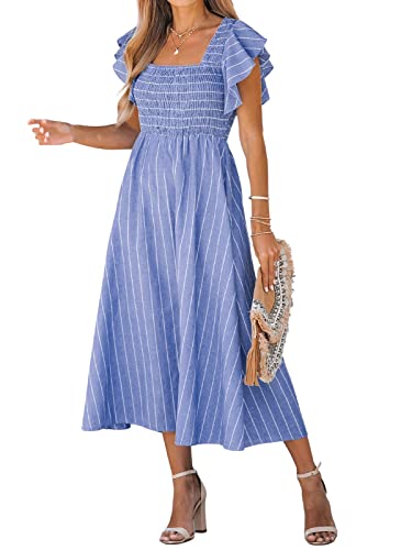 CUPSHE Damen Sommerkleid Quadratischer Ausschnitt Volantärmel Nadelstreifen A Linie Gesmoktes Maxikleid Freizeitkleider Milkmaid Dress Blau XL von CUPSHE