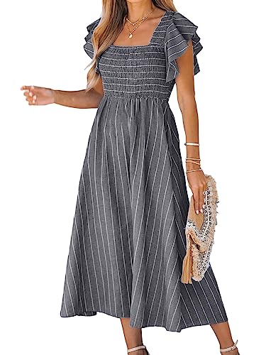 CUPSHE Damen Sommerkleid Quadratischer Ausschnitt Volantärmel Nadelstreifen A Linie Gesmoktes Maxikleid Freizeitkleider Milkmaid Dress Grau L von CUPSHE