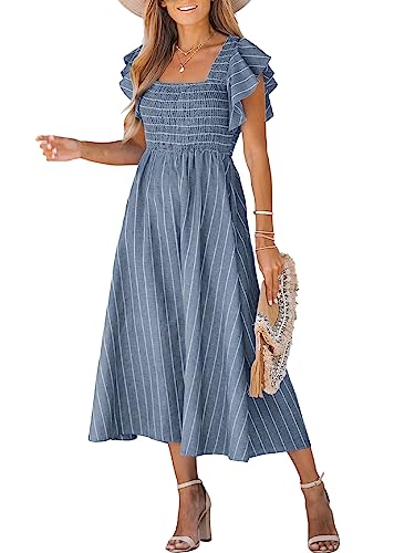 CUPSHE Damen Sommerkleid Quadratischer Ausschnitt Volantärmel Nadelstreifen A Linie Gesmoktes Maxikleid Freizeitkleider Milkmaid Dress Stahlblau L von CUPSHE