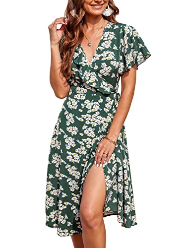 CUPSHE Damen Sommerkleid Rüschen V Ausschnitt Wickeloptik Kurzarm Blumenmuster Freizeitkleider Vintage Beach Wrap Dress Olivgrün M von CUPSHE