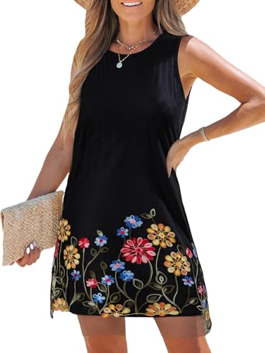 CUPSHE Damen Sommerkleid Rundhals Ärmellos Blumenstickerei Spitzen Elegant Freizeitkleider Mini Dress Schwarz XL von CUPSHE