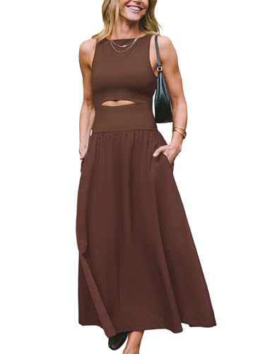 CUPSHE Damen Sommerkleid Rundhals Ärmellos Cutout Strandkleid A-Linie Elegant Freizeitkleider Maxi Dress Braun XL CUPSHE Damen Sommerkleid Rundhals Ärmellos Cutout Strandkleid A-Linie Elegant Freizeitkleider Maxi Dress Braun XL von CUPSHE