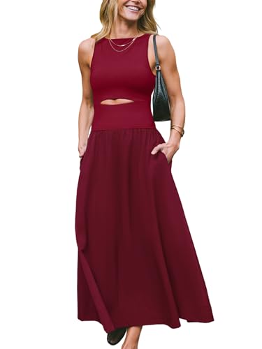 CUPSHE Damen Sommerkleid Rundhals Ärmellos Cutout Strandkleid A-Linie Elegant Freizeitkleider Maxi Dress Burgund S von CUPSHE