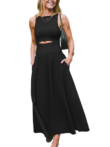 CUPSHE Damen Sommerkleid Rundhals Ärmellos Cutout Strandkleid A-Linie Elegant Freizeitkleider Maxi Dress Schwarz M von CUPSHE