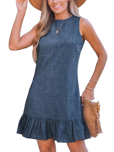 CUPSHE Damen Sommerkleid Rundhals Ärmellos Kleider Rüschensaum Rückenschnürung Freizeitkleider Mini Dress Blau XL von CUPSHE