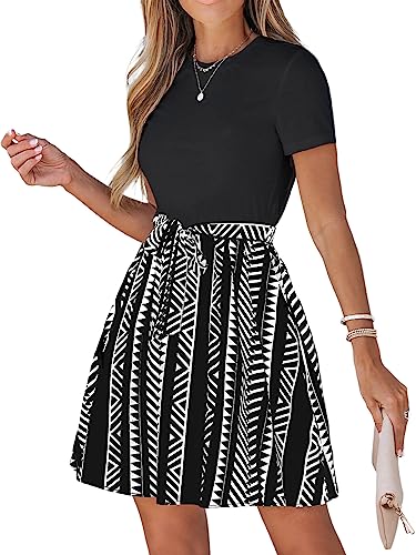 CUPSHE Damen Sommerkleid Rundhals Kurzarm Taillenschnürung Geometrische Muster T Shirt Kleid Freizeitkleider Tunika Mini Dress Schwarz L von CUPSHE