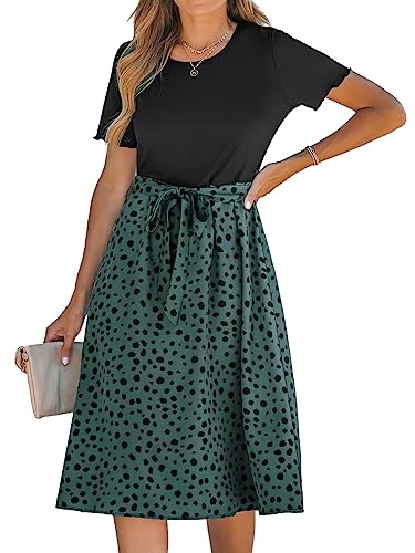 CUPSHE Damen Sommerkleid Rundhals Kurzarm Taillenschnürung Leoparden T Shirt Kleid Freizeitkleider Tunika Midi Dress Grün gesprenkelt M von CUPSHE