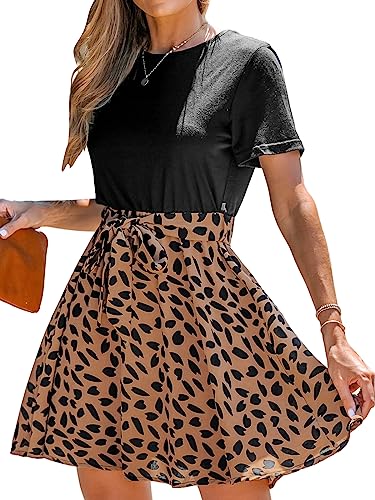 CUPSHE Damen Sommerkleid Rundhals Kurzarm Taillenschnürung Leoparden T Shirt Kleid Freizeitkleider Tunika Mini Dress Schwarz gesprenkelt L von CUPSHE