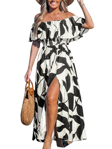 CUPSHE Damen Sommerkleid Schulterfreies Kleid Gesmokte Taille Seitenschlitz Tropical Print Freizeitkleider Beach Off Shoulder Maxi Dress Schwarz Weiß XXL CUPSHE Damen Sommerkleid Schulterfreies Kleid Gesmokte Taille Seitenschlitz Tropical Print Freizeitkleider Beach Off Shoulder Maxi Dress Schwarz Weiß XXL von CUPSHE