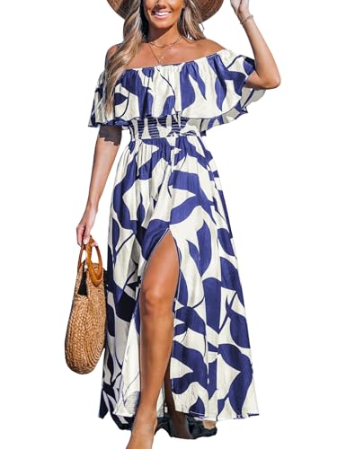 CUPSHE Damen Sommerkleid Schulterfreies Kleid Gesmokte Taille Seitenschlitz Tropical Print Freizeitkleider Beach Off Shoulder Maxi Dress von CUPSHE