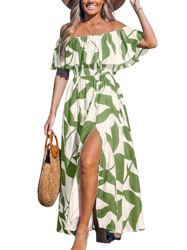 CUPSHE Damen Sommerkleid Schulterfreies Kleid Gesmokte Taille Seitenschlitz Tropical Print Freizeitkleider Beach Off Shoulder Maxi Dress CUPSHE Damen Sommerkleid Schulterfreies Kleid Gesmokte Taille Seitenschlitz Tropical Print Freizeitkleider Beach Off Shoulder Maxi Dress von CUPSHE