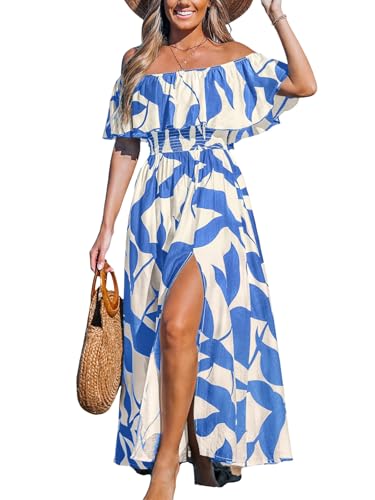 CUPSHE Damen Sommerkleid Schulterfreies Kleid Gesmokte Taille Seitenschlitz Tropical Print Freizeitkleider Beach Off Shoulder Maxi Dress CUPSHE Damen Sommerkleid Schulterfreies Kleid Gesmokte Taille Seitenschlitz Tropical Print Freizeitkleider Beach Off Shoulder Maxi Dress von CUPSHE