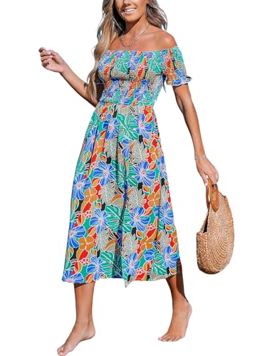 CUPSHE Damen Sommerkleid Schulterfreies Kleid Kurzarm Beinschlitz Blumenmuster Gesmokte Freizeitkleider Beach Off Shoulder Maxi Dress Blau floral M von CUPSHE