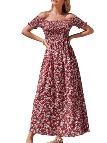 CUPSHE Damen Sommerkleid Schulterfreies Kleid Kurzarm Beinschlitz Blumenmuster Gesmokte Freizeitkleider Beach Off Shoulder Maxi Dress Rote Blumen XL von CUPSHE